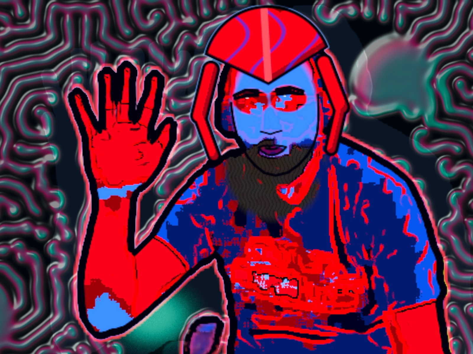 The DJ as a blue alien with a red crest and glowing red eyes