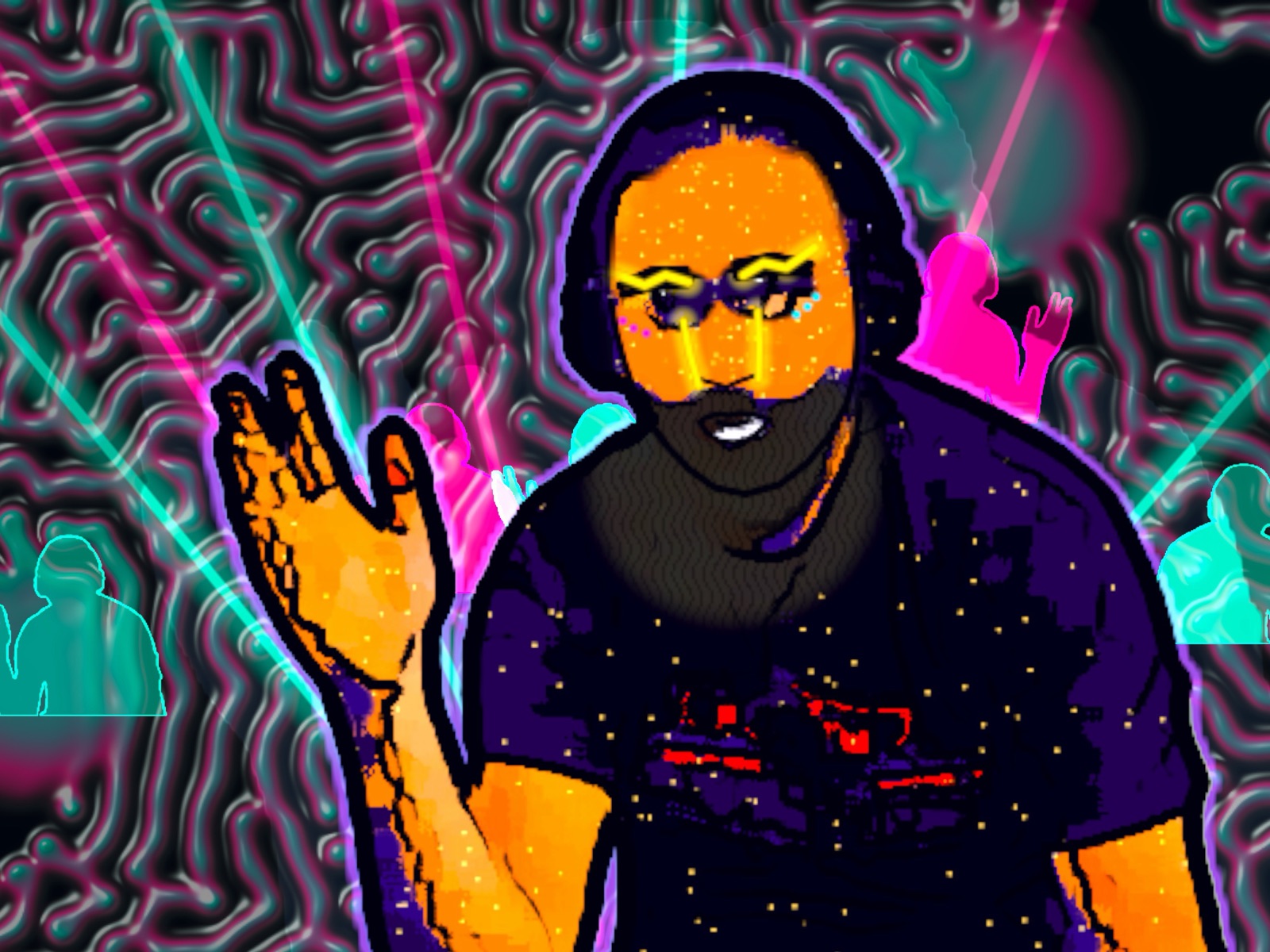 The DJ under blacklight: glowing orange skin, yellow face paint and glitter, over lasers