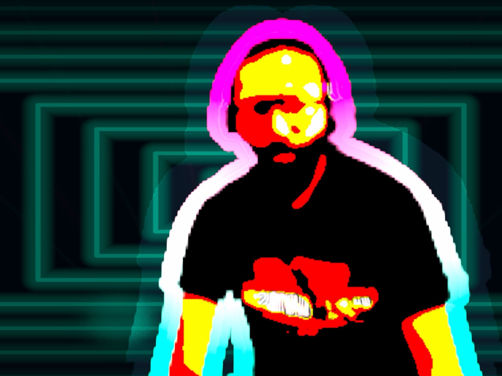 The DJ as a hot comic print in red and yellow