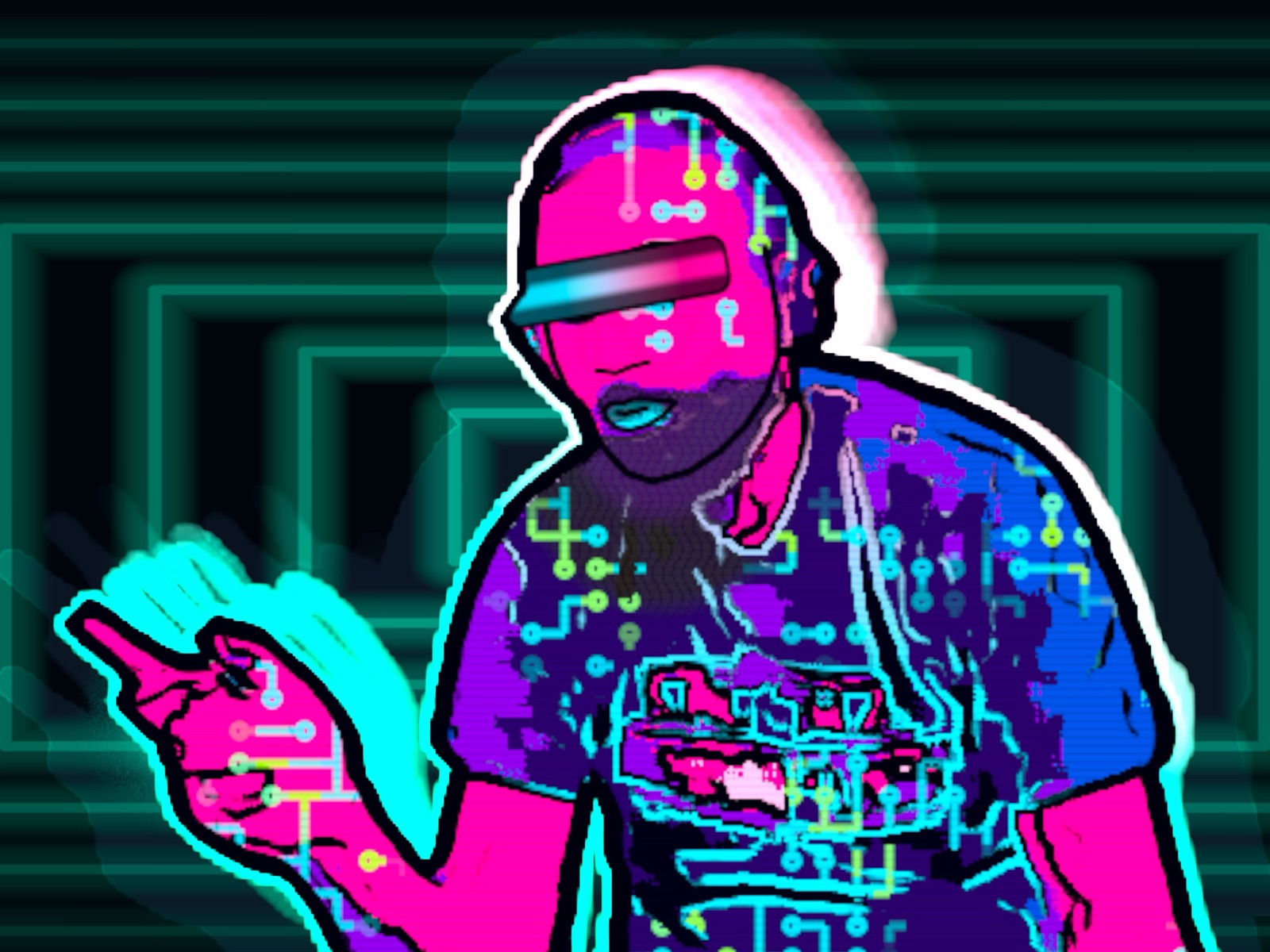 The DJ in hot pink and violet with glowing circuit lines and a neon visor