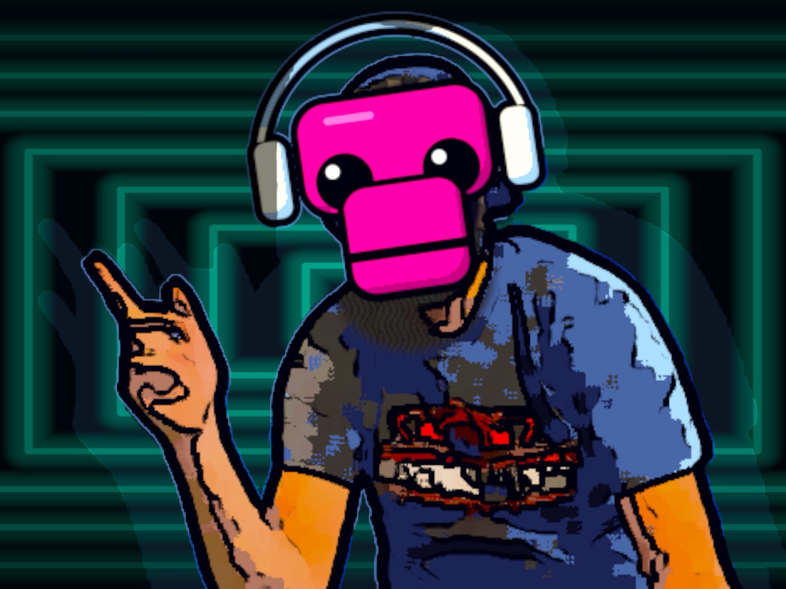 A DJ wearing the LousyMonkey face as a pink helmet with DJ headphones, drawn as a comic