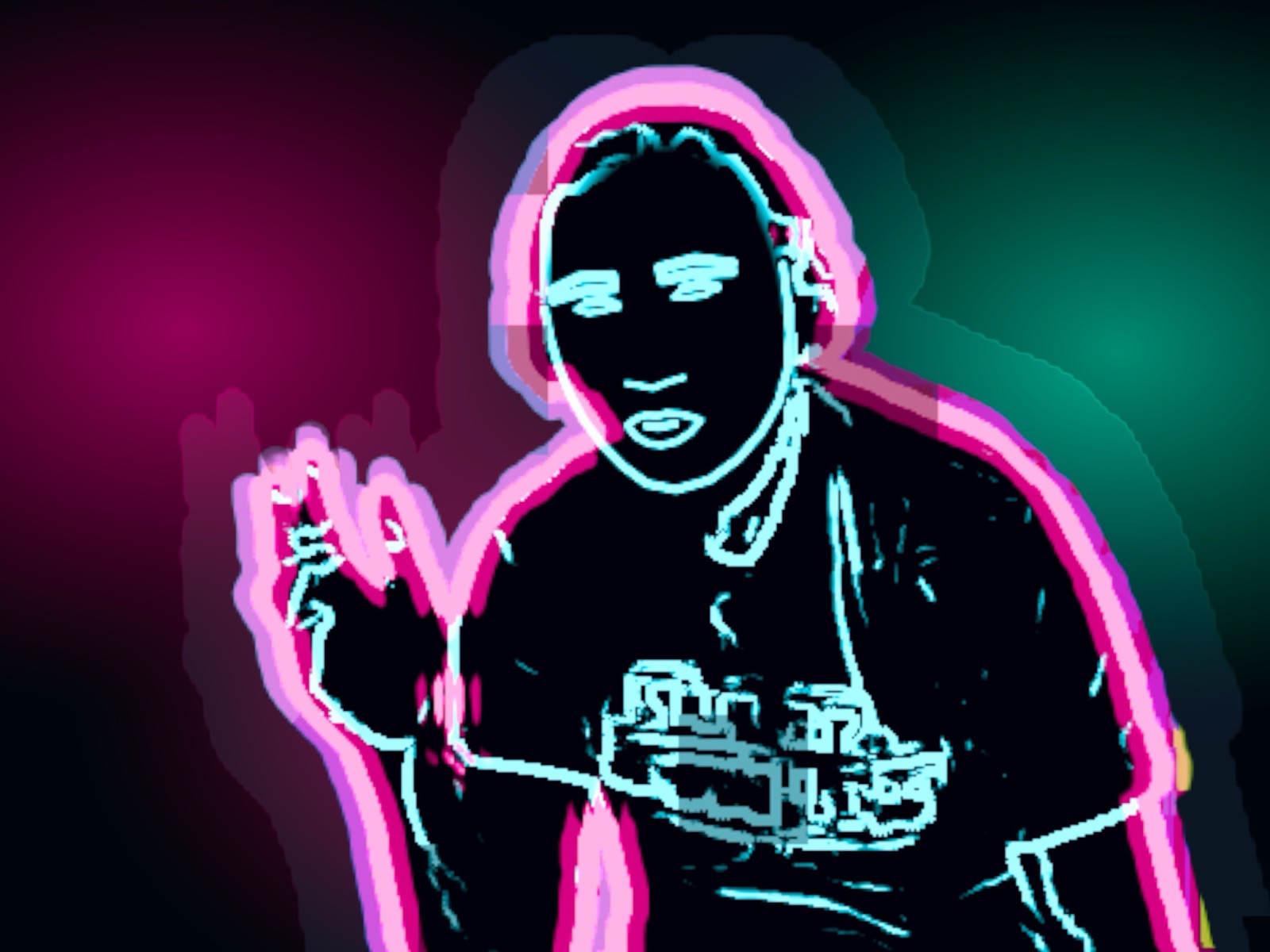 The DJ drawn as a neon sign: a pink outline and cyan lines on a dark body