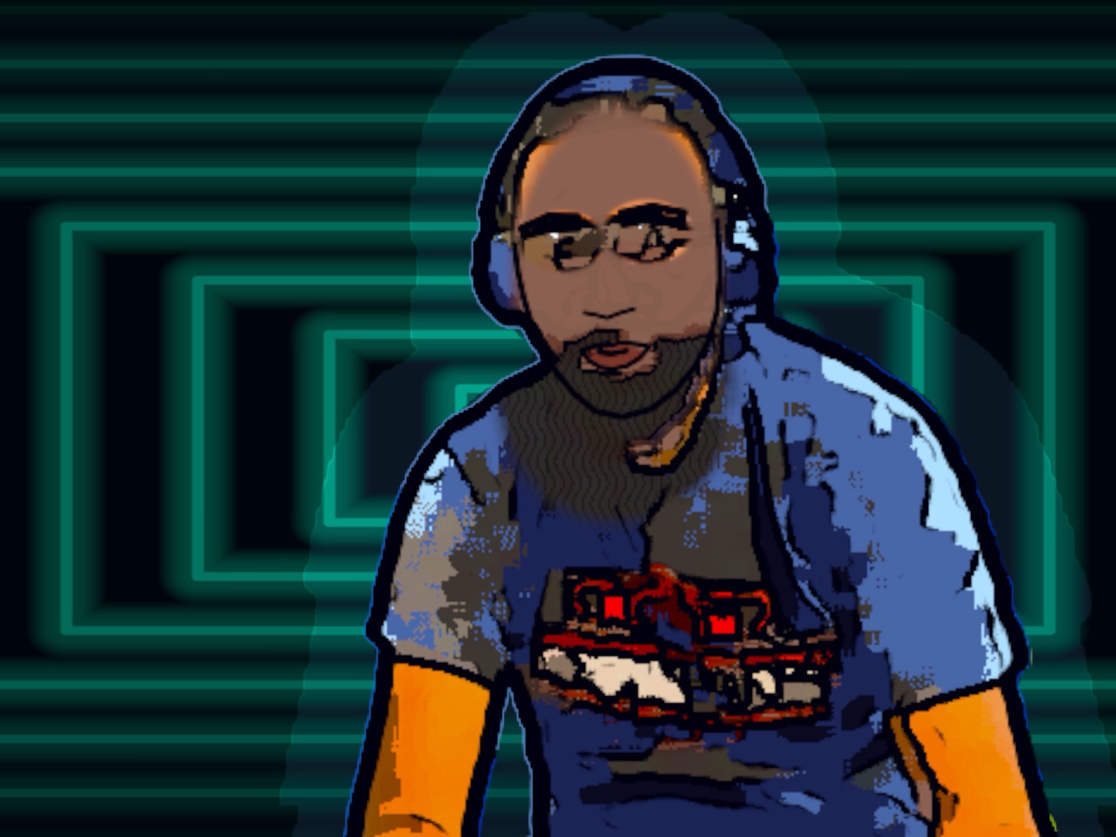 The same DJ redrawn as a graphic-novel illustration, glasses, beard and headphones inked