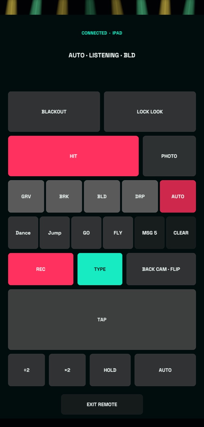 The iPhone remote with Blackout, Lock Look, Hit, sections, messages and REC